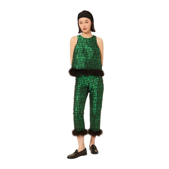 Tara Jarmon Pants - Tara Jarmon Presley Woven Graphic Straight Leg Feather Trim Pants Set Size 4